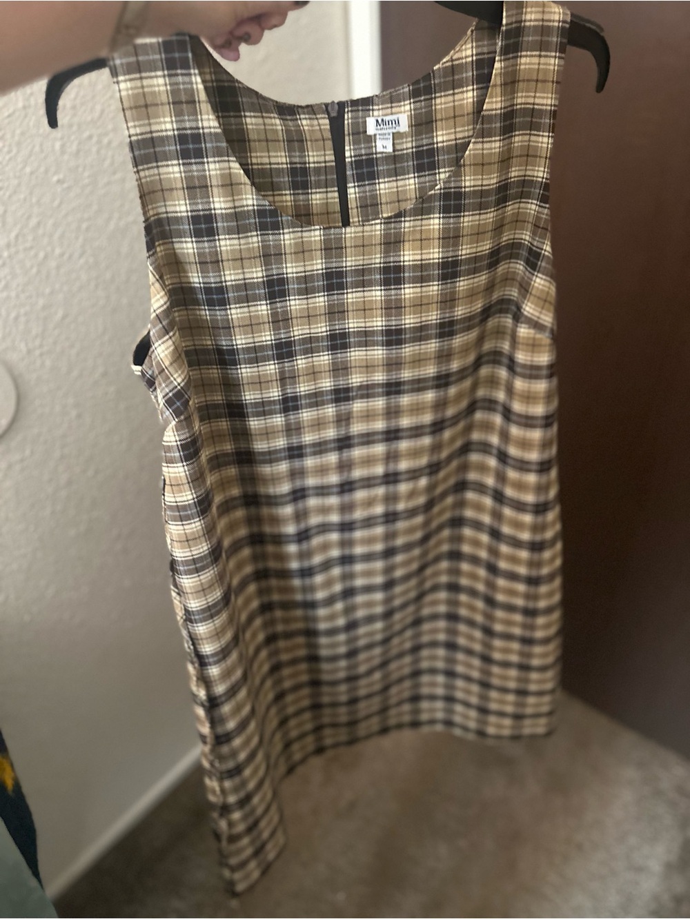 Mimi Maternity Plaid Sleeveless Shift Dress in Tan and Black vintage 90s fall